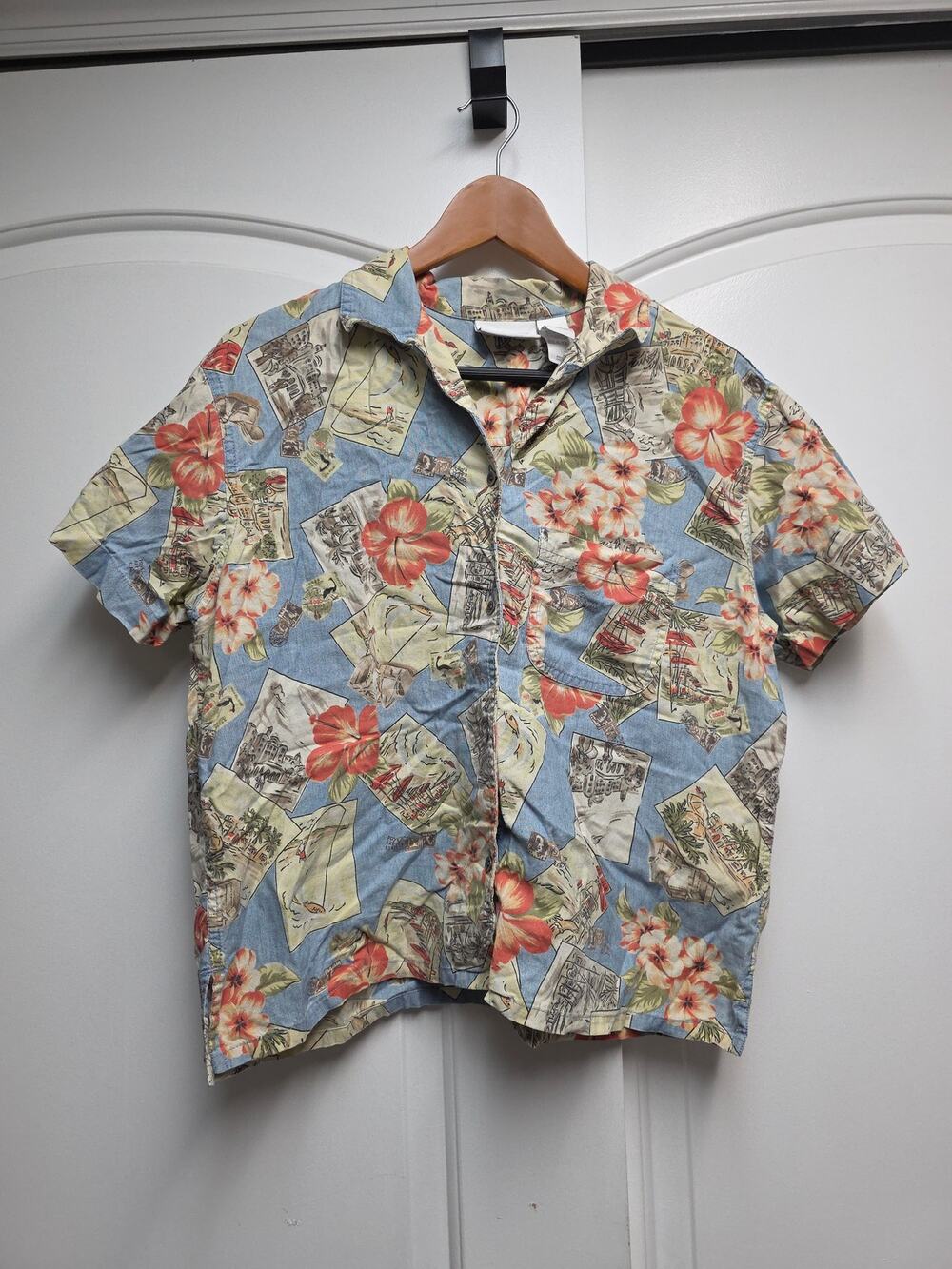 Liz Claiborne Hawaiian Tropical Hibiscus/Postcard Y2k shirt Sz Large